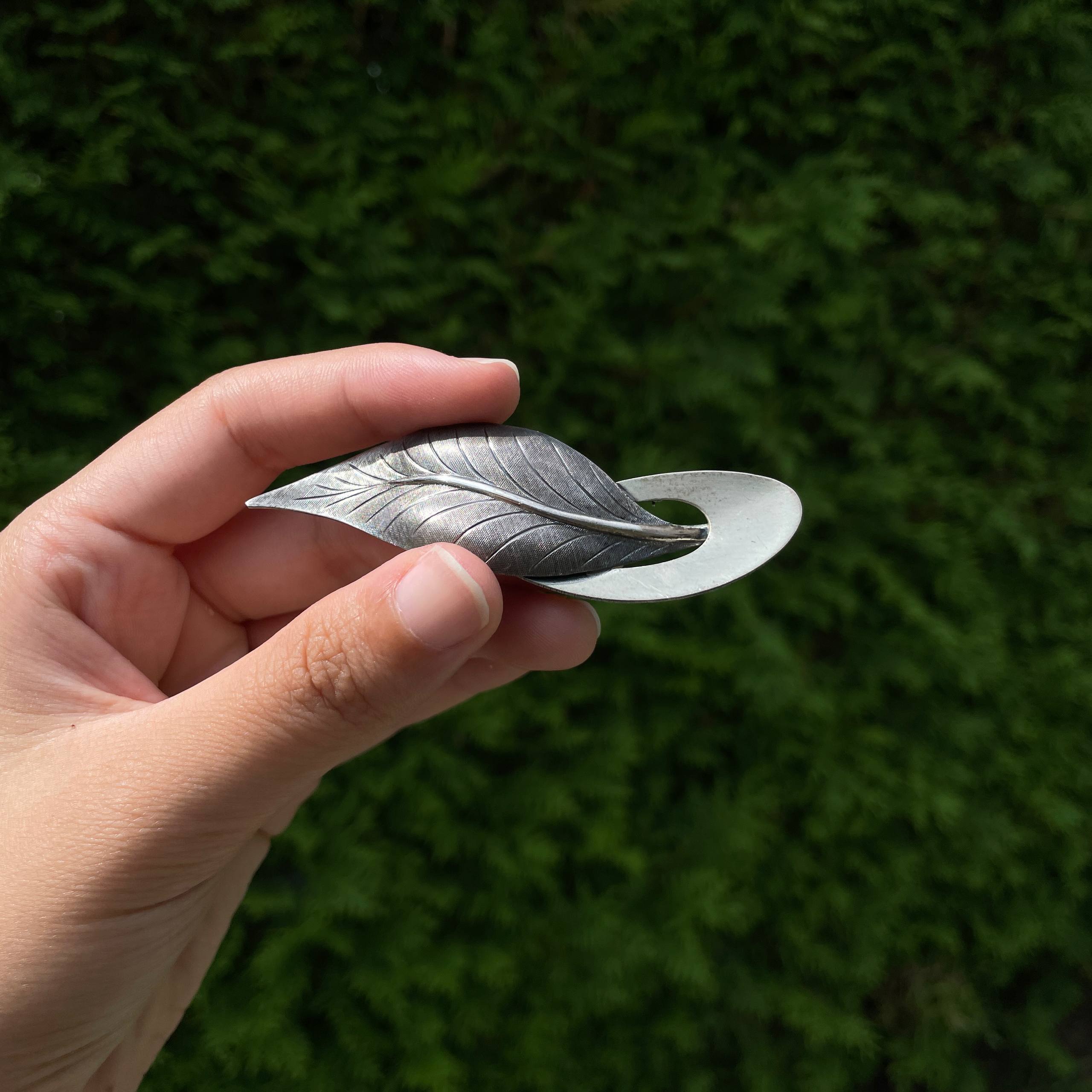 Beau Sterling Modernist Oval Leaf Brooch Pin Solid 925 Silver - Image 4