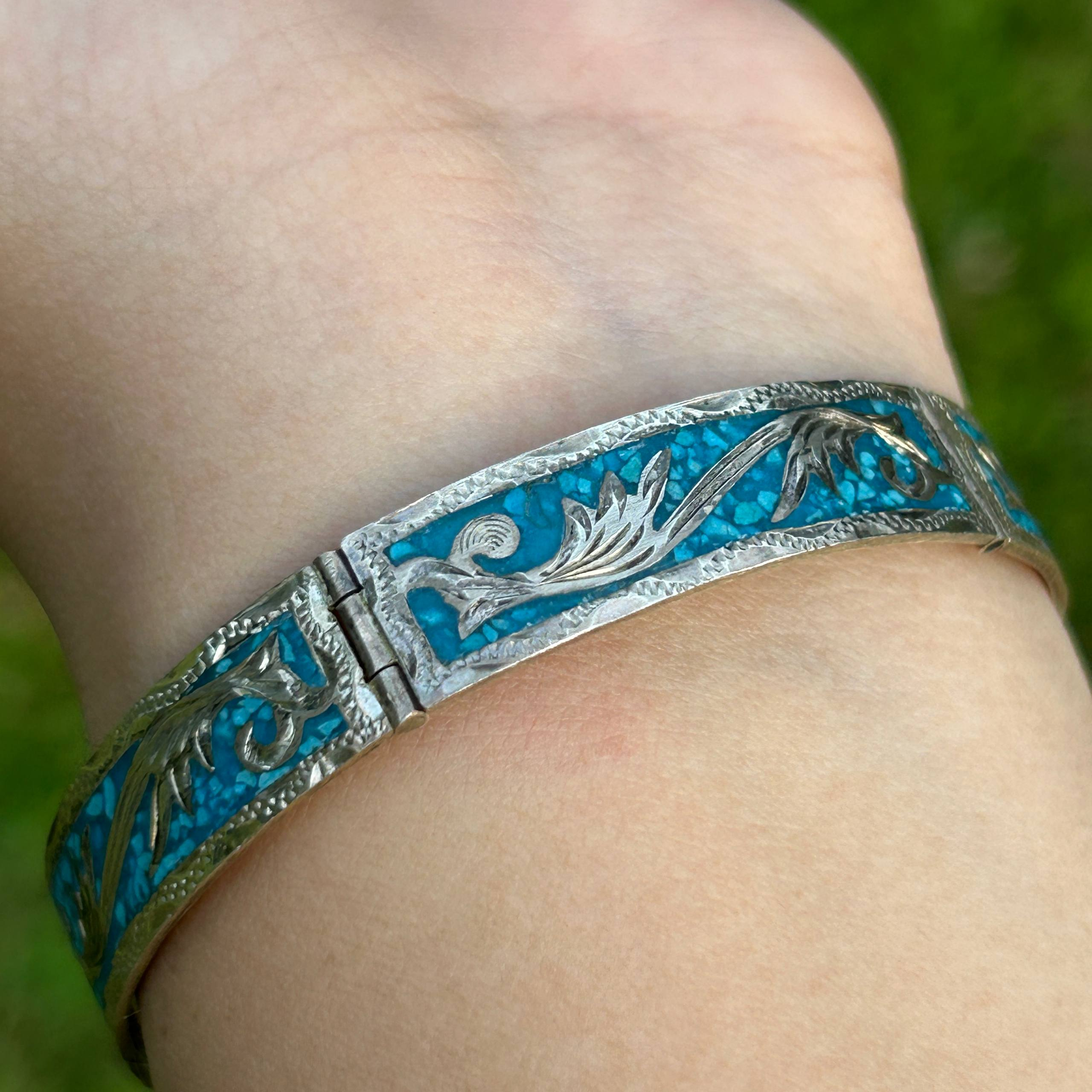 Vintage Mexico 925 Sterling Silver Bracelet Crushed Turquoise Inlay Floral 18g - Image 18