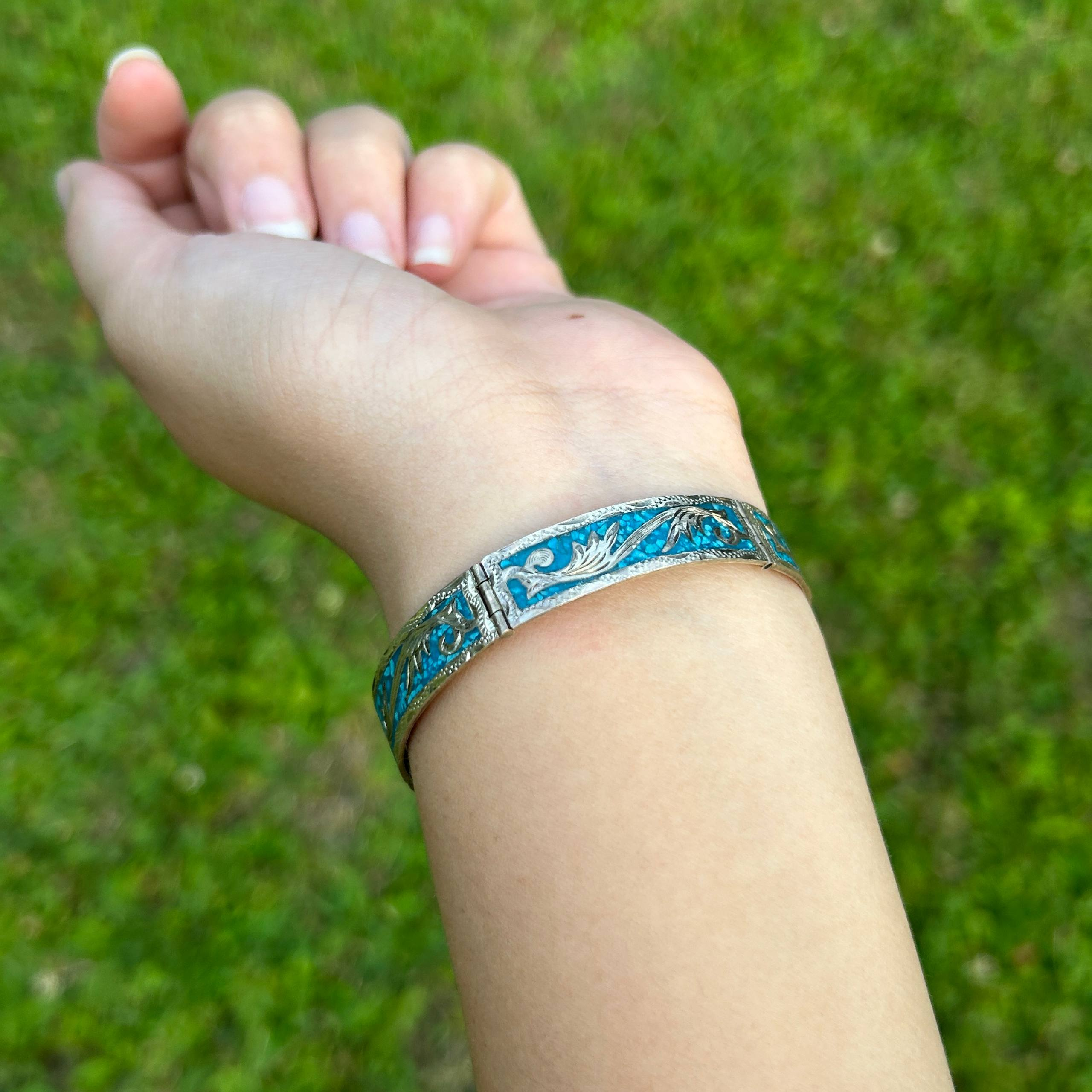 Vintage Mexico 925 Sterling Silver Bracelet Crushed Turquoise Inlay Floral 18g - Image 17