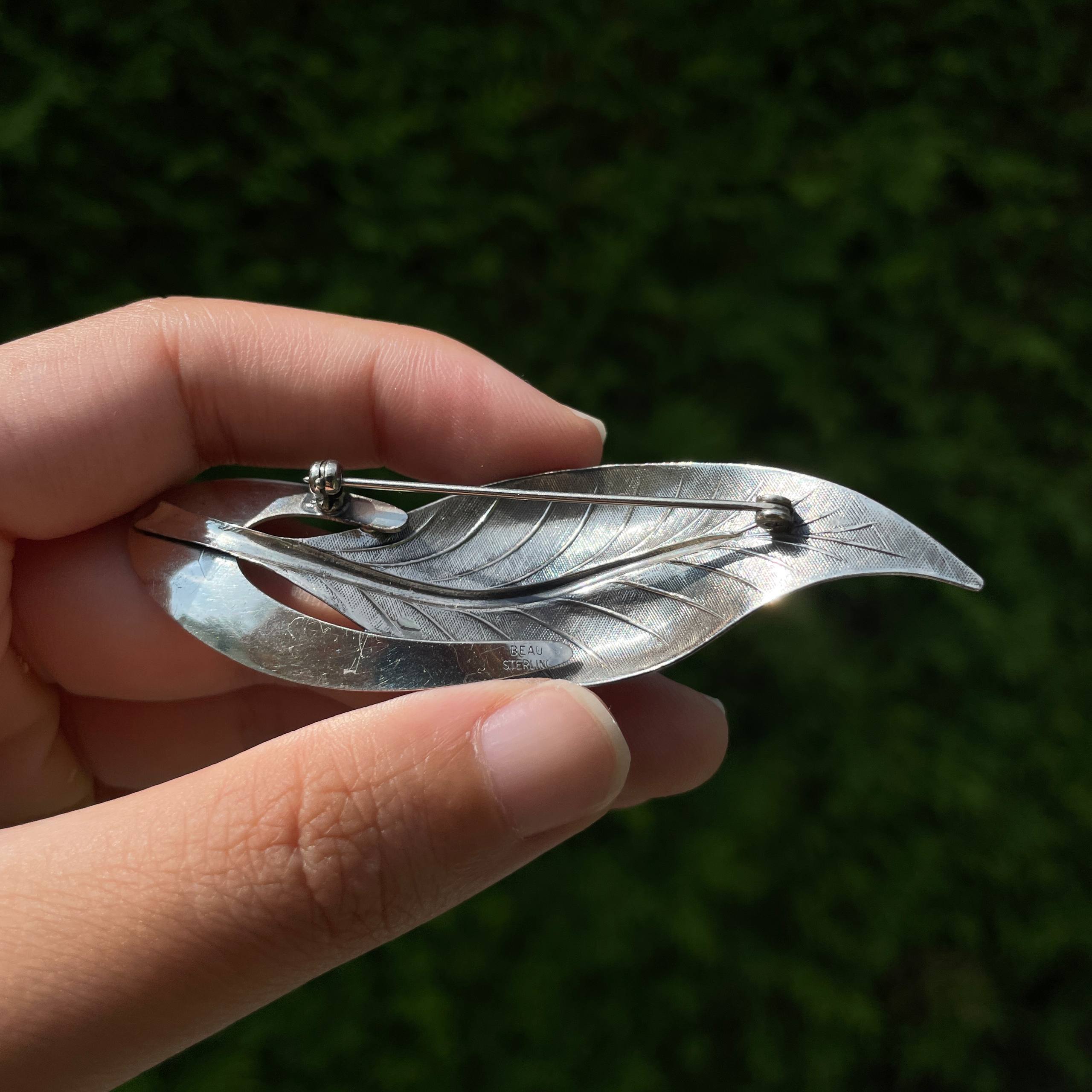 Beau Sterling Modernist Oval Leaf Brooch Pin Solid 925 Silver - Image 2
