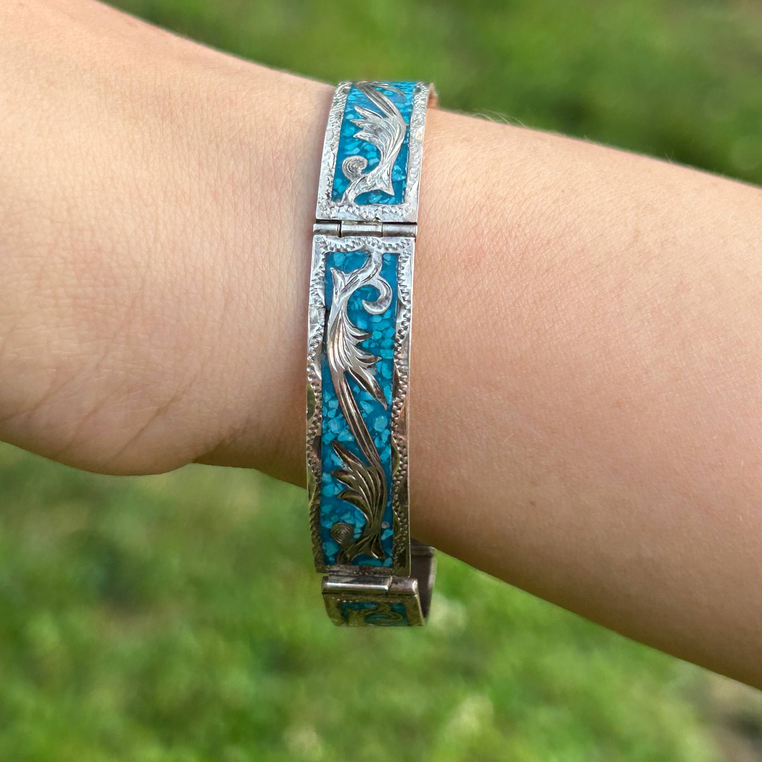Vintage Mexico 925 Sterling Silver Bracelet Crushed Turquoise Inlay Floral 18g - Image 16