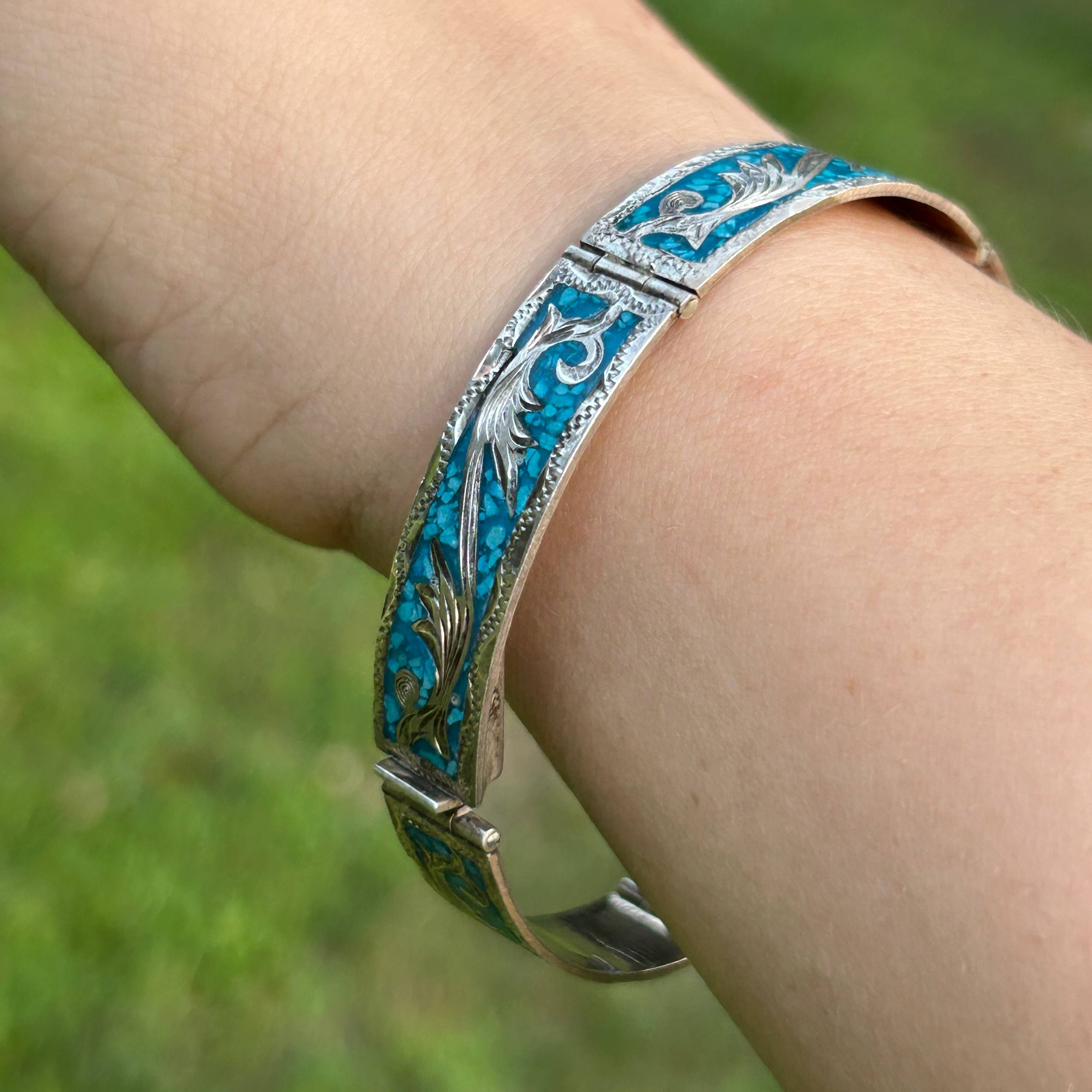 Vintage Mexico 925 Sterling Silver Bracelet Crushed Turquoise Inlay Floral 18g - Image 15