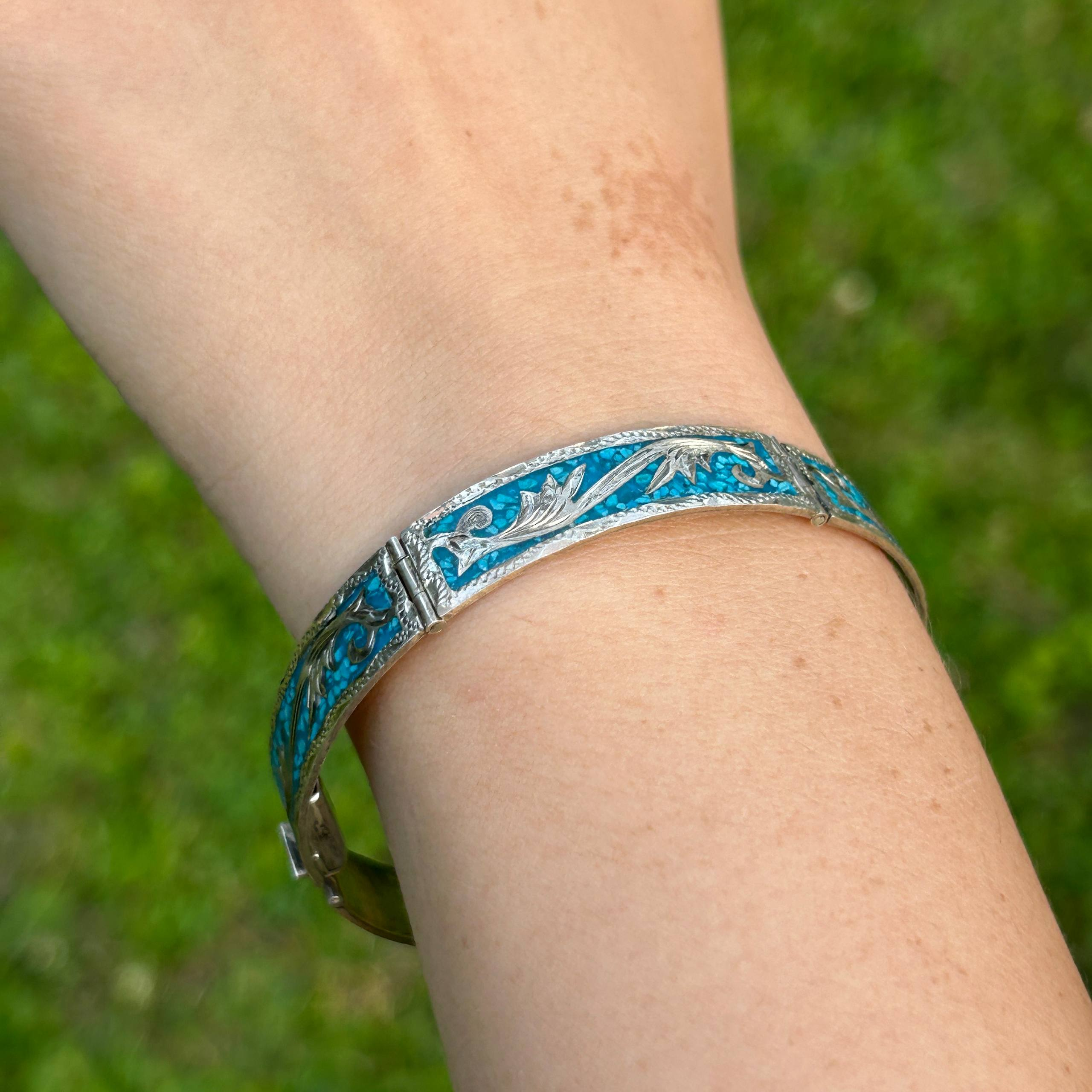 Vintage Mexico 925 Sterling Silver Bracelet Crushed Turquoise Inlay Floral 18g - Image 14