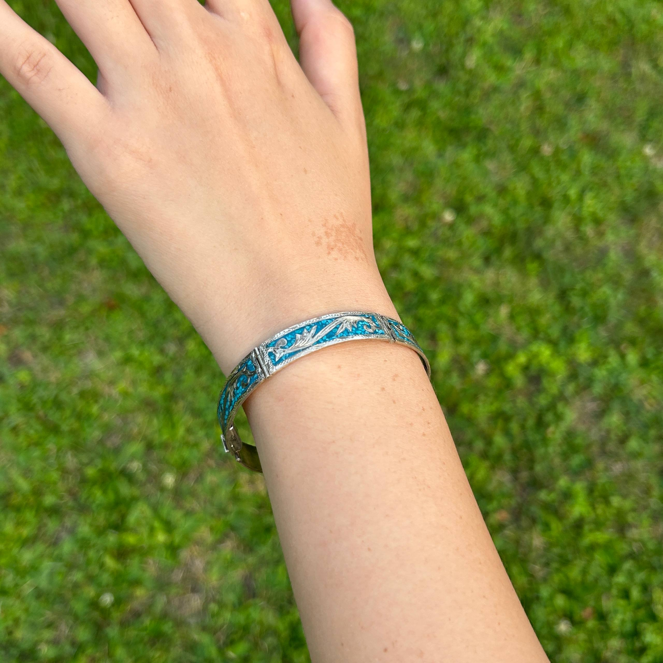 Vintage Mexico 925 Sterling Silver Bracelet Crushed Turquoise Inlay Floral 18g - Image 13