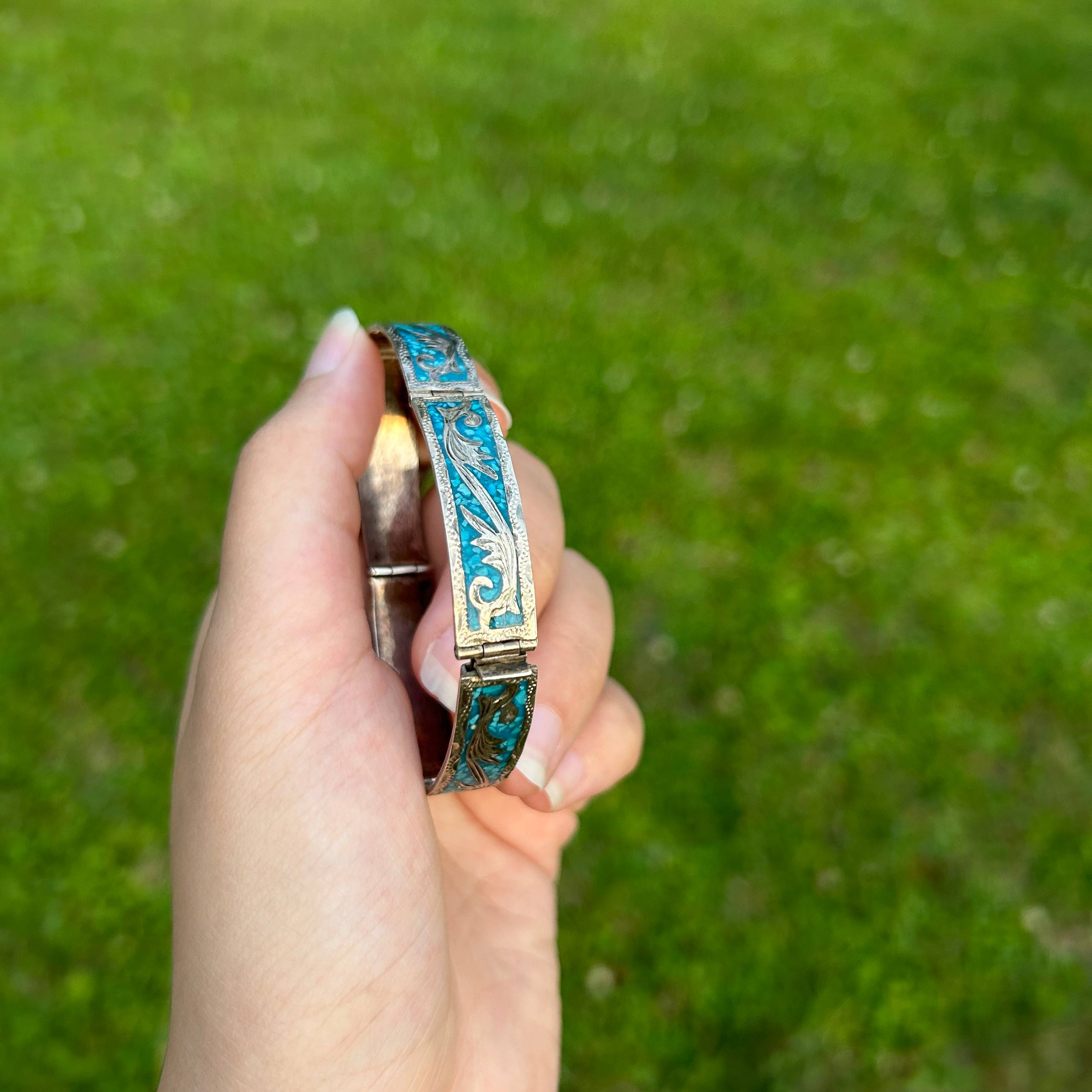 Vintage Mexico 925 Sterling Silver Bracelet Crushed Turquoise Inlay Floral 18g - Image 25