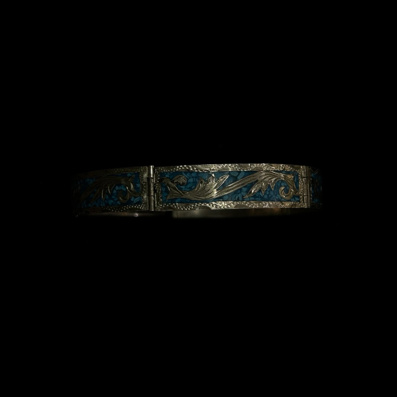 Vintage Mexico 925 Sterling Silver Bracelet Crushed Turquoise Inlay Floral 18g - Image 5