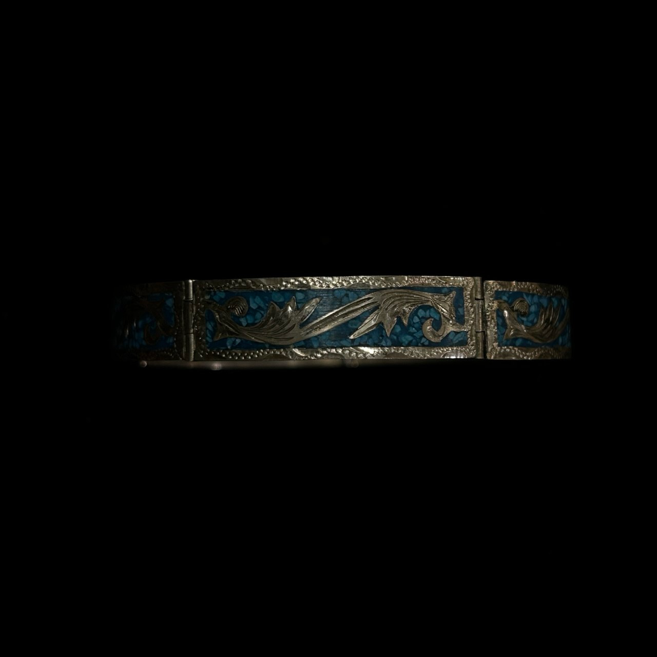 Vintage Mexico 925 Sterling Silver Bracelet Crushed Turquoise Inlay Floral 18g - Image 6