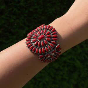 LARGE P. Jones Navajo Red Coral Cluster 925 Sterling Silver Cuff Bracelet 7 1/2”