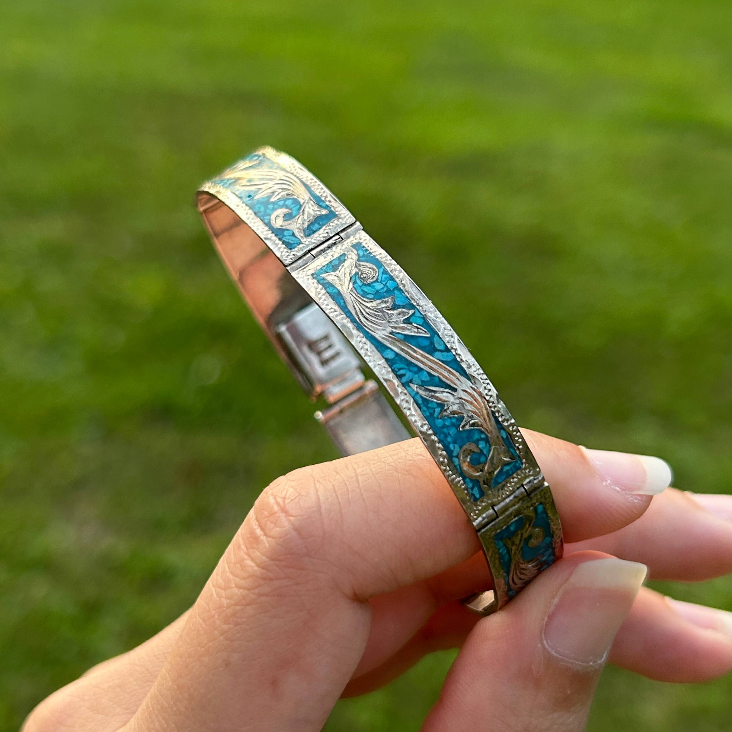 Vintage Mexico 925 Sterling Silver Bracelet Crushed Turquoise Inlay Floral 18g - Image 24