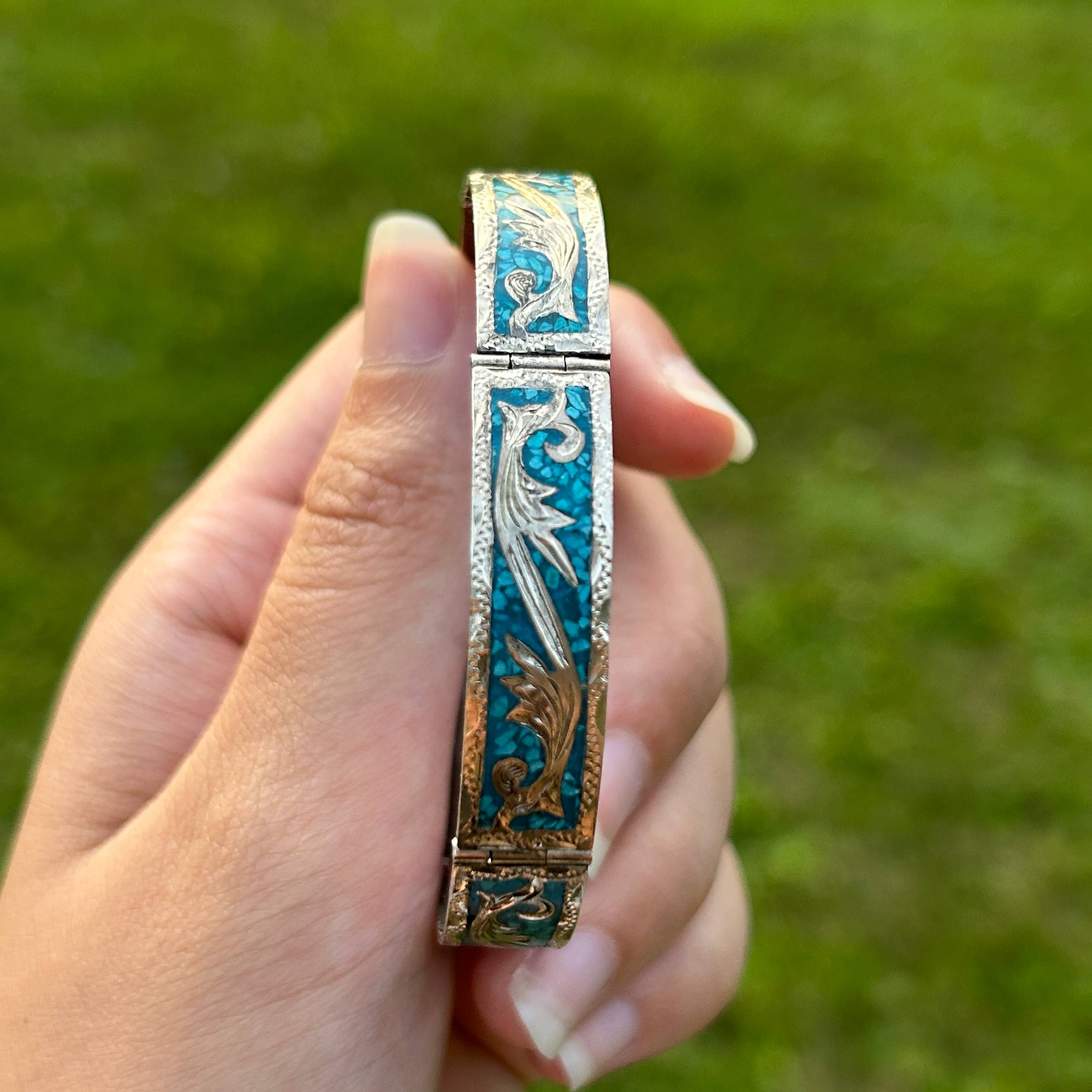 Vintage Mexico 925 Sterling Silver Bracelet Crushed Turquoise Inlay Floral 18g - Image 23