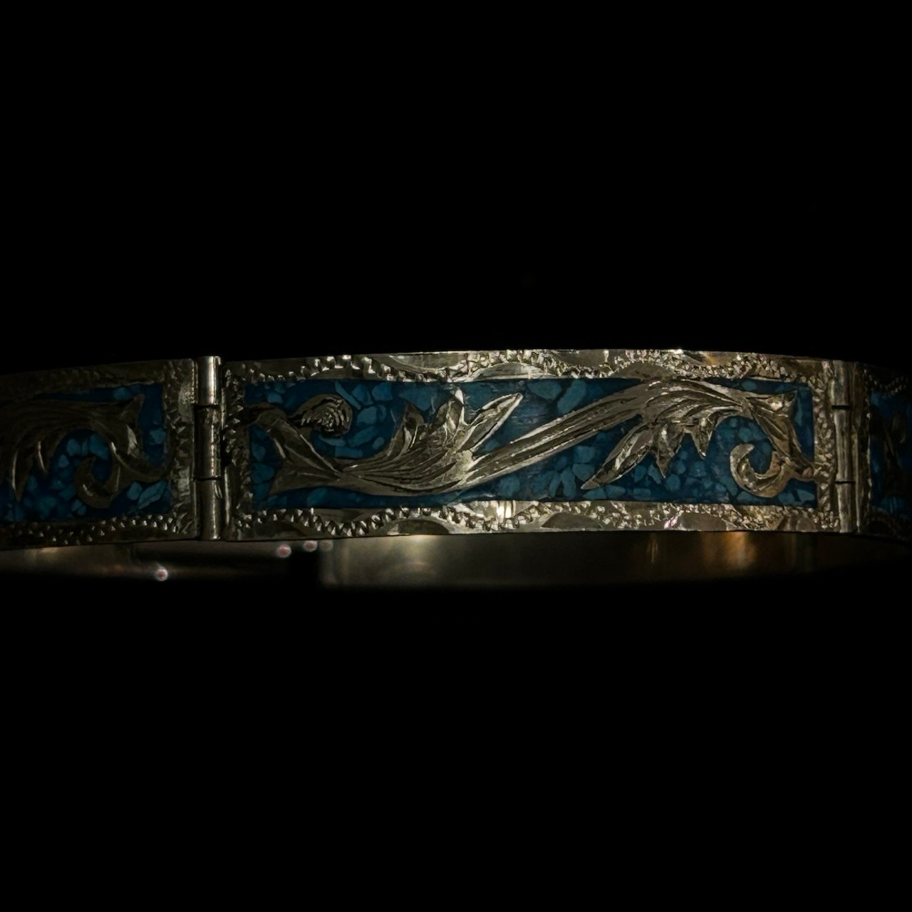Vintage Mexico 925 Sterling Silver Bracelet Crushed Turquoise Inlay Floral 18g - Image 8