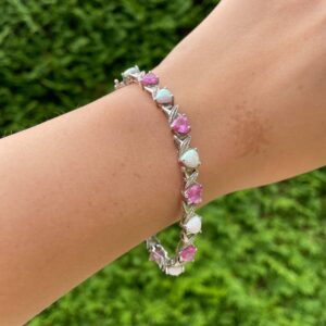 Sterling Silver Opal/ Pink Sapphire Diamond HEARTS Tennis Bracelet Zales, KAY