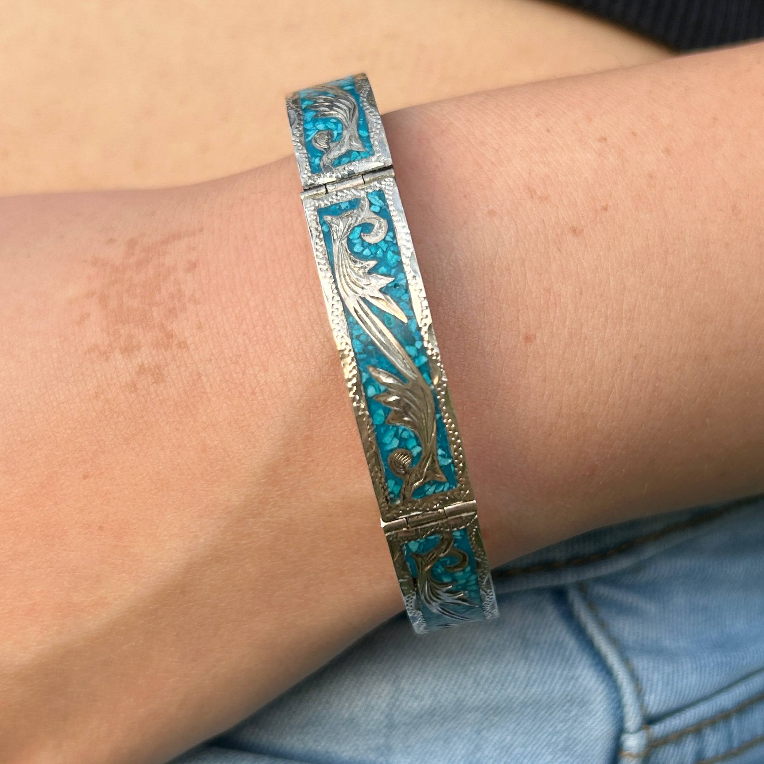 Vintage Mexico 925 Sterling Silver Bracelet Crushed Turquoise Inlay Floral 18g - Image 22