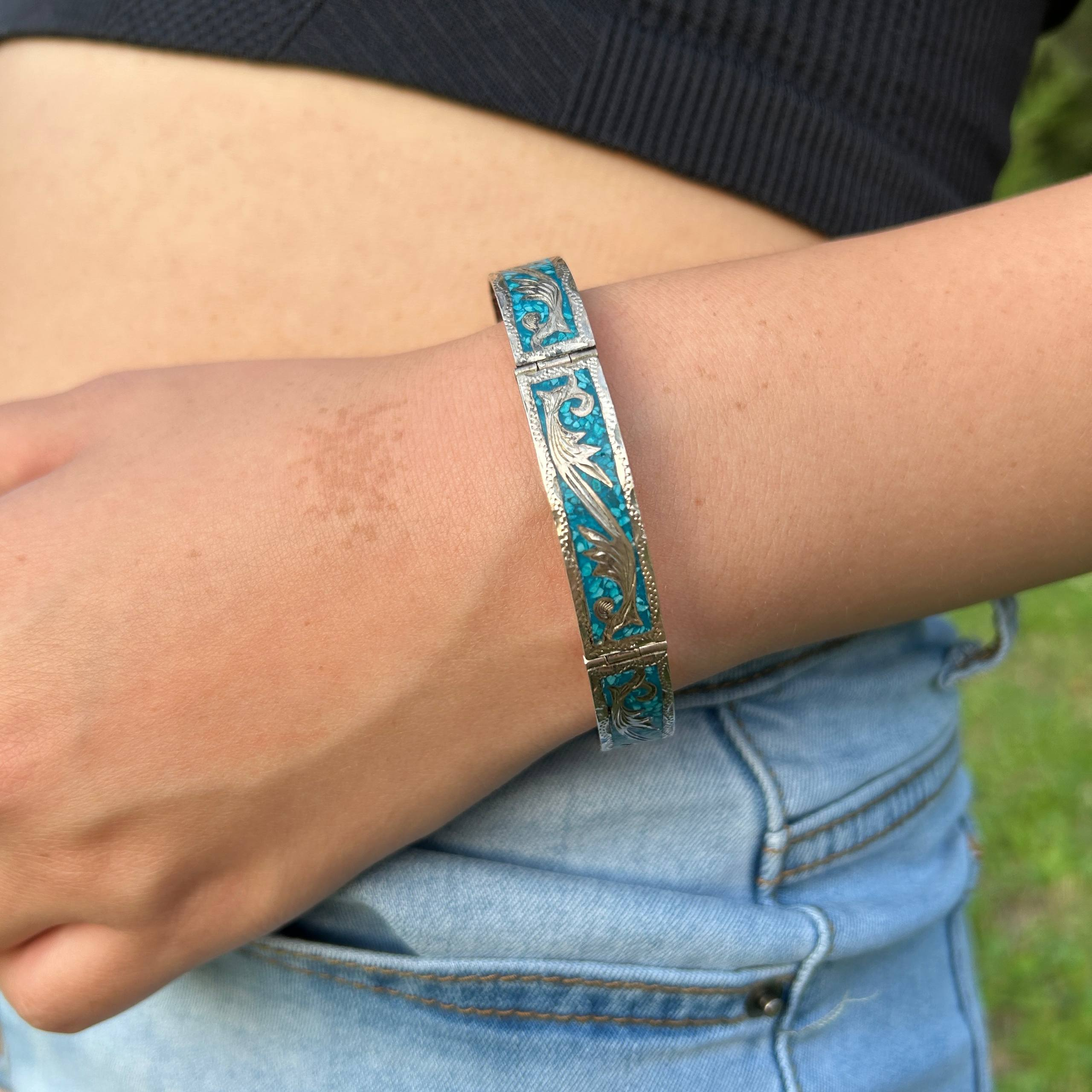 Vintage Mexico 925 Sterling Silver Bracelet Crushed Turquoise Inlay Floral 18g - Image 21