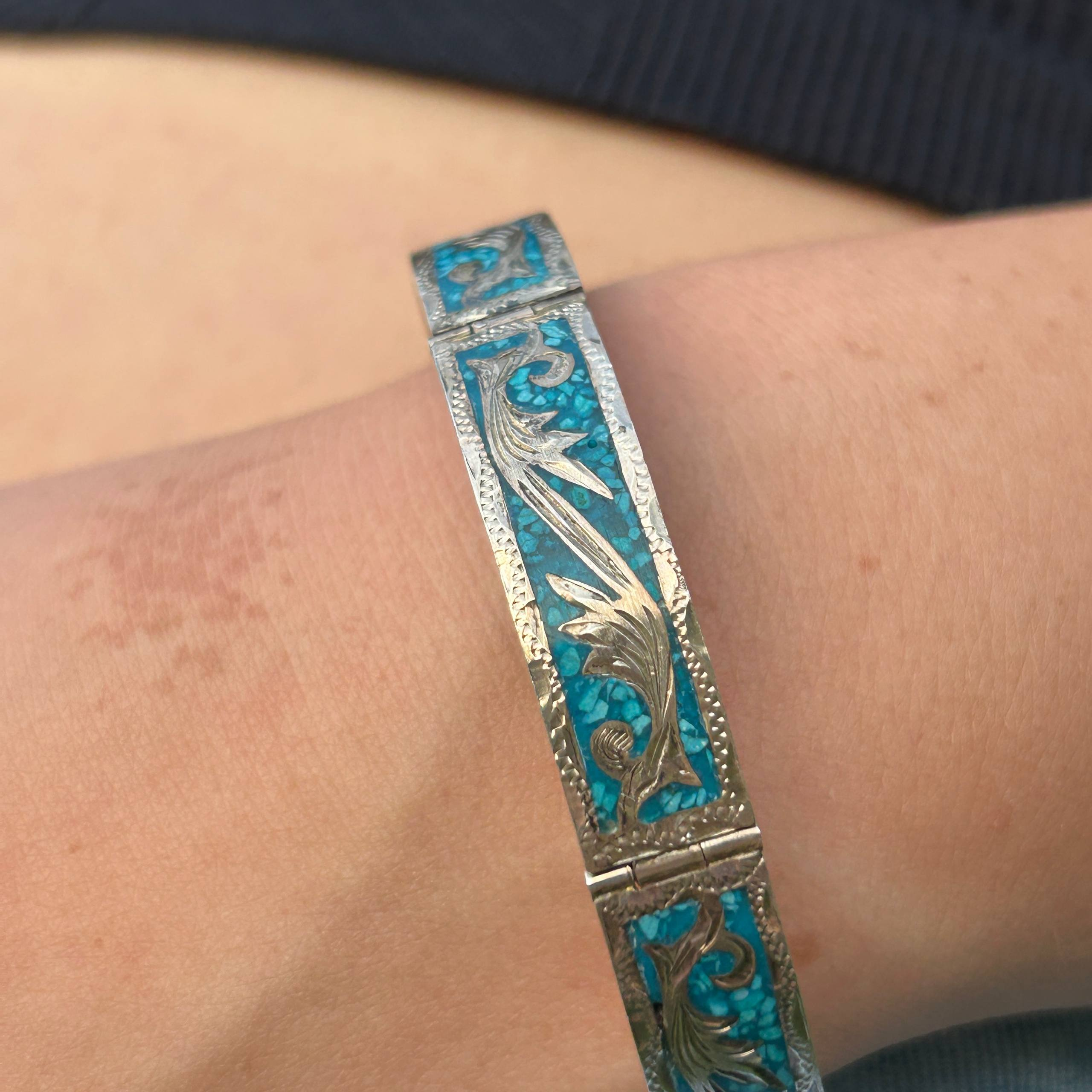 Vintage Mexico 925 Sterling Silver Bracelet Crushed Turquoise Inlay Floral 18g - Image 20
