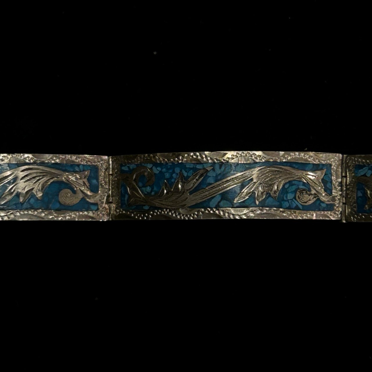 Vintage Mexico 925 Sterling Silver Bracelet Crushed Turquoise Inlay Floral 18g - Image 10