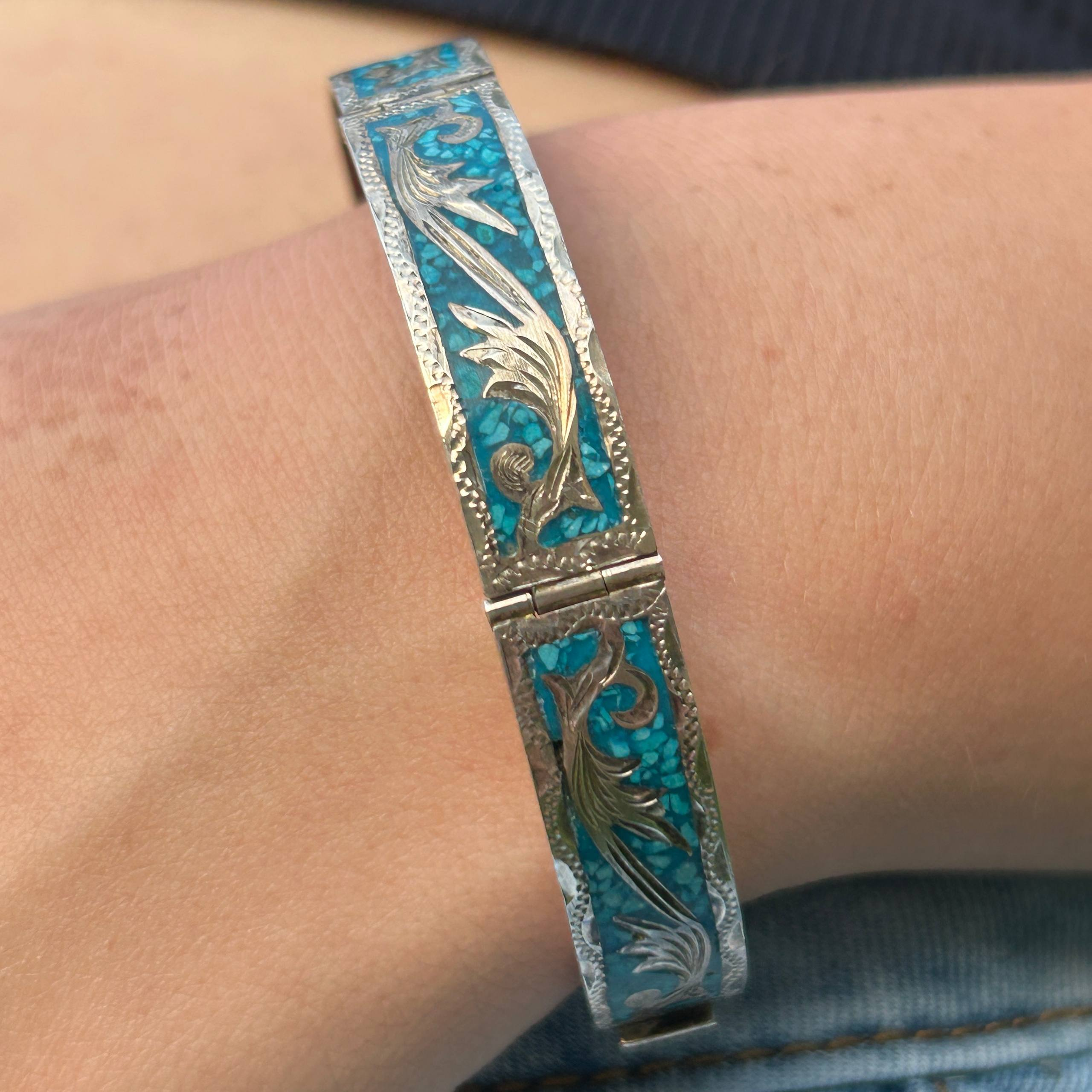 Vintage Mexico 925 Sterling Silver Bracelet Crushed Turquoise Inlay Floral 18g - Image 19