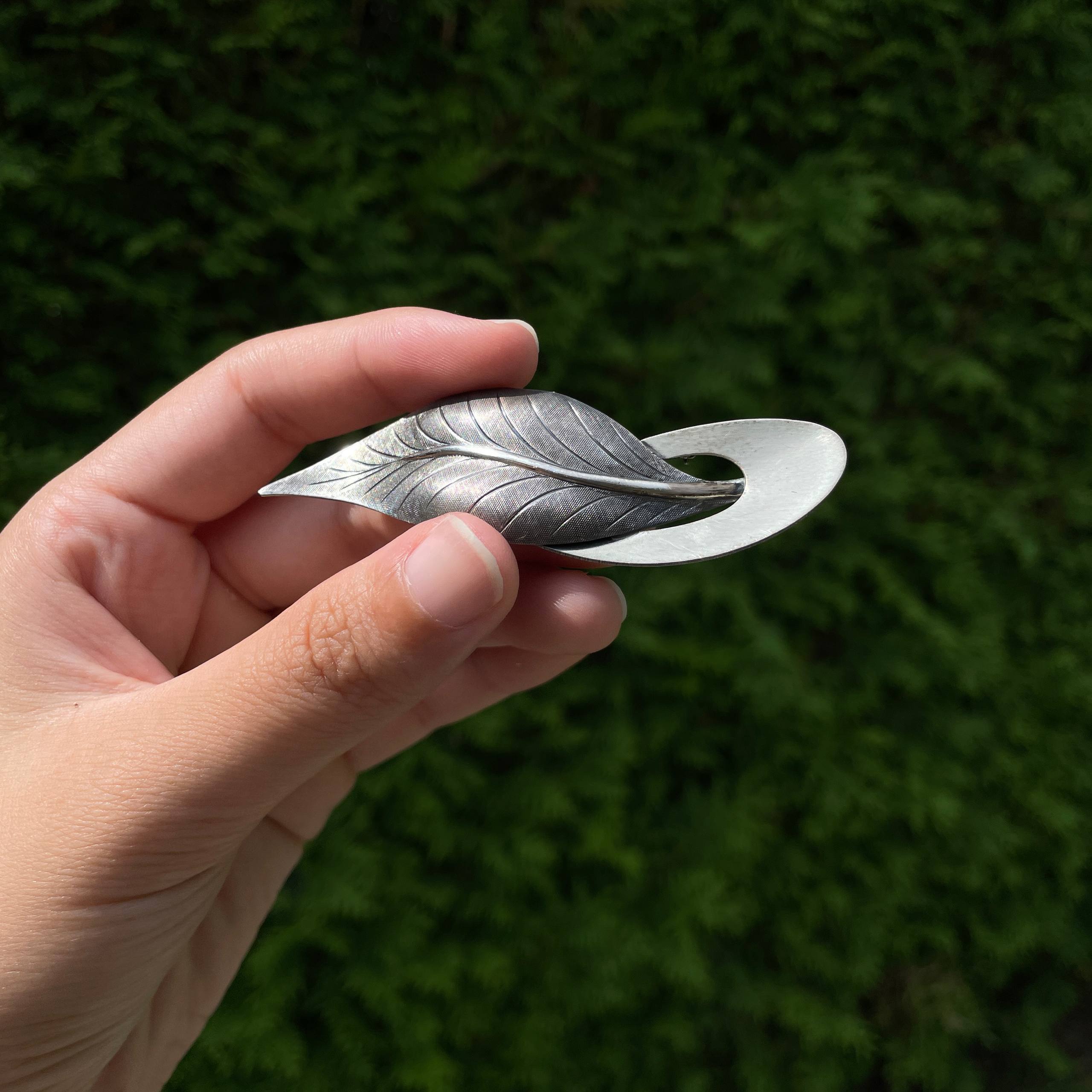 Beau Sterling Modernist Oval Leaf Brooch Pin Solid 925 Silver - Image 5