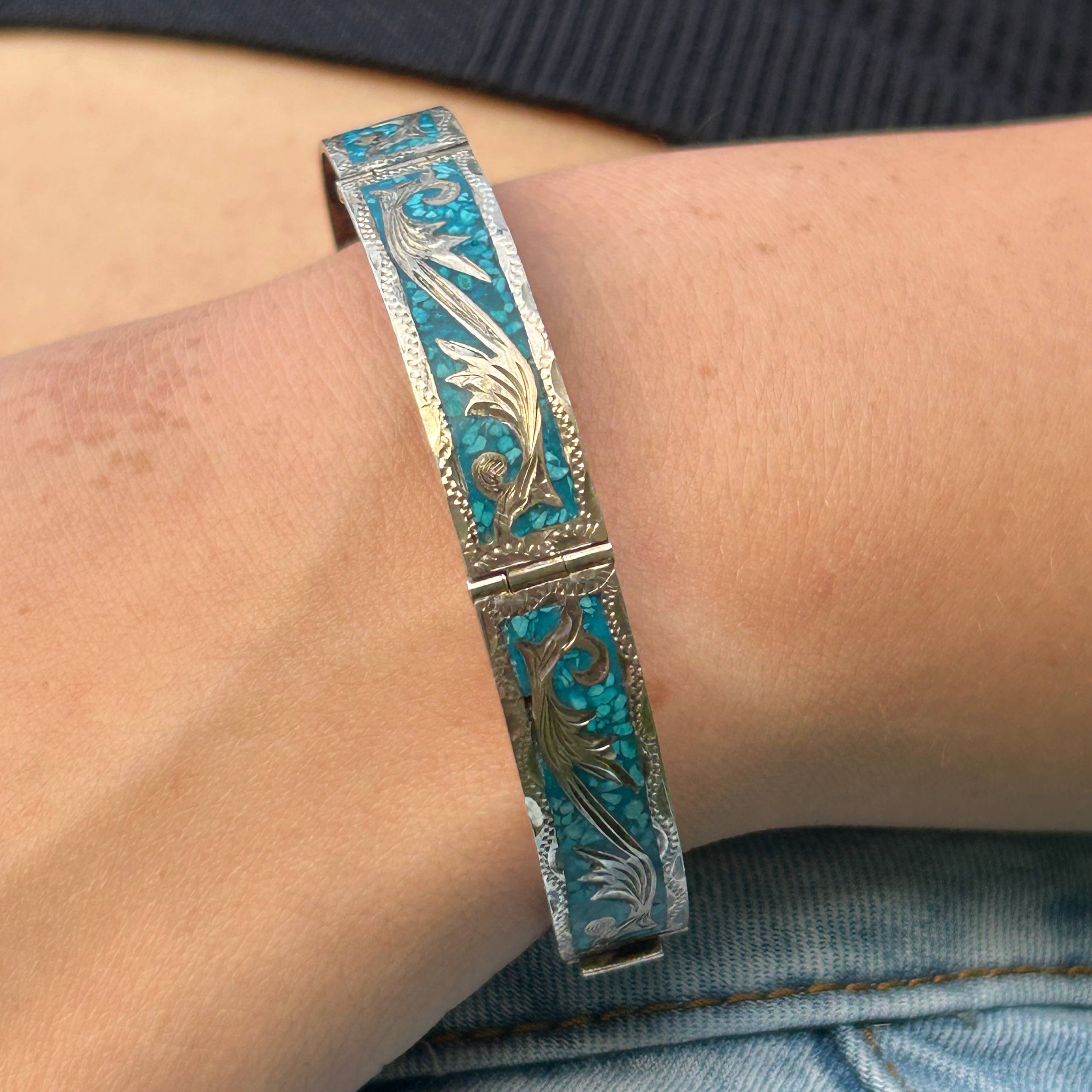 Vintage Mexico 925 Sterling Silver Bracelet Crushed Turquoise Inlay Floral 18g